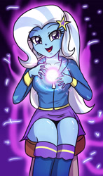 Size: 1929x3275 | Tagged: safe, artist:sumin6301, derpibooru import, trixie, equestria girls, boots, clothes, cute, diatrixes, hoodie, looking at you, magic, open mouth, sitting, skirt, smiling, solo, stool, sweater