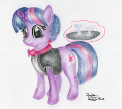 Size: 1600x1431 | Tagged: safe, artist:kuroitsubasatenshi, derpibooru import, twilight sparkle, pony, unicorn, female, glass, levitation, looking at you, magic, mare, signature, simple background, smiling, solo, telekinesis, traditional art, waiter, white background