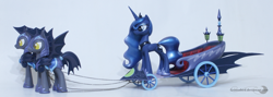 Size: 2559x910 | Tagged: safe, artist:groovebird, princess luna, bat pony, pony, chariot, echo (bat pony), echo and nocturn, irl, luna's chariot, night guard, nocturn, photo, royal guard, sculpture