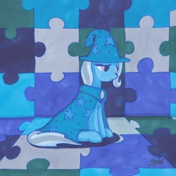 Size: 1500x1500 | Tagged: safe, artist:moonlightscribe, derpibooru import, trixie, pony, unicorn, female, jigsaw, mare, puzzle, solo, traditional art