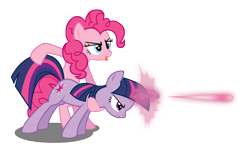 Size: 8000x4696 | Tagged: safe, artist:moonbrony, derpibooru import, pinkie pie, twilight sparkle, earth pony, pony, unicorn, a canterlot wedding, absurd resolution, behaving like a weapon, simple background, transparent background, twigun, vector