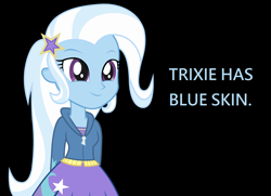 Size: 1672x1208 | Tagged: safe, derpibooru import, trixie, equestria girls, are equestrian girls human?, blue, captain obvious, no shit sherlock, solo, xenos