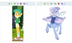 Size: 718x425 | Tagged: safe, artist:misochikin, derpibooru import, edit, edited screencap, screencap, snails, trixie, centaur, equestria girls, legend of everfree, camp everfree outfits, cape, clothes, converse, derpibooru, hat, juxtaposition, meta, shoes, smiling