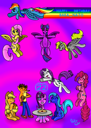 Size: 1920x2684 | Tagged: safe, artist:bakanato, derpibooru import, applejack, fluttershy, pinkie pie, rainbow dash, rarity, starlight glimmer, trixie, twilight sparkle, twilight sparkle (alicorn), alicorn, earth pony, pegasus, pony, unicorn, crash bandicoot, food, happy, mane six, pie, smiling