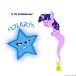 Size: 1400x1400 | Tagged: dead source, safe, artist:navitaserussirus, derpibooru import, trixie, twilight sparkle, asktwixiegenies, catasterism, genie, happy, inanimate tf, laughing, polaris, smiling, stars, transformation, xd