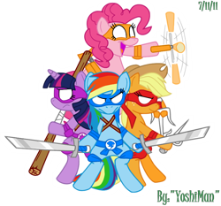 Size: 780x726 | Tagged: safe, artist:yoshiman, artist:yoshiman1118, derpibooru import, applejack, pinkie pie, rainbow dash, twilight sparkle, earth pony, pegasus, pony, mask, parody, teenage mutant ninja turtles, weapon