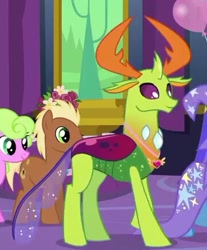 Size: 362x437 | Tagged: safe, derpibooru import, screencap, daisy, flower wishes, meadow song, thorax, trixie, changedling, pony, celestial advice, equestrian pink heart of courage, horn, king thorax