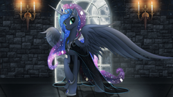 Size: 1920x1080 | Tagged: dead source, safe, artist:nemesis360, artist:vipeydashie, princess luna, alicorn, pony, candle, candle holder, clothes, dress, full moon, moon, solo, sparkly dress, sparkly mane, stone wall, wallpaper, window