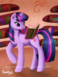 Size: 400x533 | Tagged: safe, artist:amenoo, derpibooru import, twilight sparkle, unicorn twilight, pony, unicorn, book, bookshelf, female, glowing horn, golden oaks library, horn, magic, mare, reading, smiling, solo, telekinesis