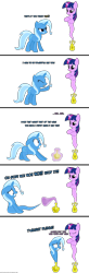 Size: 1050x3200 | Tagged: dead source, safe, artist:navitaserussirus, derpibooru import, trixie, twilight sparkle, genie pony, angry, asktwixiegenies, comic, didn't think this through, exact words, female, genie, geniefied, lesbian, magic, raised hoof, scared, shipping, simple background, transformation, twixie, vector, white background