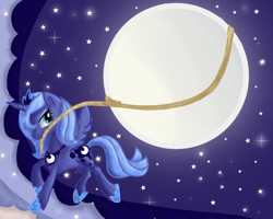 Size: 800x640 | Tagged: safe, artist:paintrolleire, princess luna, alicorn, pony, female, jewelry, mare, moon, mouth hold, night, regalia, s1 luna, solo, stars, tangible heavenly object