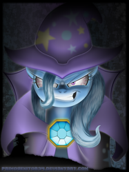 Size: 696x932 | Tagged: safe, artist:primogenitor34, derpibooru import, trixie, cape, clothes, dark, evil grin, hat, silhouette, wizard hat