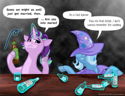 Size: 1152x885 | Tagged: safe, artist:texasuberalles, derpibooru import, part of a set, starlight glimmer, trixie, pony, unicorn, alcohol, bottle, drunk, drunklight glimmer, duo, glass, hoof hold, levitation, magic, not shipping, telekinesis, the great and alcoholics trixie