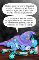 Size: 720x1128 | Tagged: safe, artist:texasuberalles, derpibooru import, part of a set, trixie, pony, unicorn, alcohol, bottle, cape, clothes, colored hooves, depression, drunk, female, hat, hoof hold, mare, solo, speech bubble, the great and alcoholics trixie, trixie's cape, trixie's hat