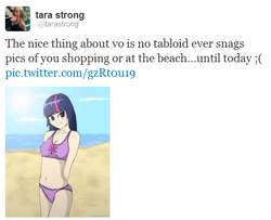 Size: 520x422 | Tagged: safe, derpibooru import, twilight sparkle, bikini, clothes, humanized, swimsuit, tara strong, twitter