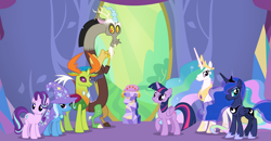 Size: 1600x834 | Tagged: safe, derpibooru import, screencap, discord, princess celestia, princess luna, starlight glimmer, thorax, trixie, twilight sparkle, twilight sparkle (alicorn), alicorn, changedling, changeling, draconequus, pony, unicorn, celestial advice, king thorax, reformed four, twilight's castle