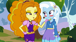 Size: 1000x563 | Tagged: safe, artist:cloudshadezer0, artist:ktd1993, derpibooru import, edit, adagio dazzle, trixie, equestria girls, blushing, clothes, female, lesbian, shipping, triagio, vector, vector edit