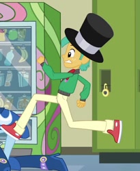 Size: 551x672 | Tagged: safe, derpibooru import, screencap, snails, trixie, equestria girls, equestria girls (movie), boots, clothes, fall formal outfits, hat, high heel boots, lockers, pants, raised leg, running, shoes, sneakers, solo focus, vending machine