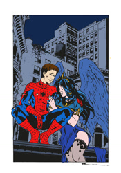 Size: 1024x1459 | Tagged: safe, artist:edcom02, artist:riveiro15, princess luna, human, consoling, crossover, crossover shipping, crying, hug, humanized, peter parker, shipping, spider-man, spiderluna, spiders and magic: rise of spider-mane, venom