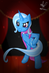 Size: 1024x1524 | Tagged: safe, artist:flutterish, derpibooru import, trixie, pony, unicorn, bipedal, solo, stage