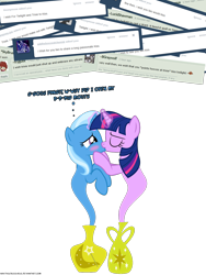 Size: 1050x1400 | Tagged: safe, artist:navitaserussirus, derpibooru import, trixie, twilight sparkle, ask, asktwixiegenies, female, genie, kissing, lesbian, shipping, tumblr, twixie