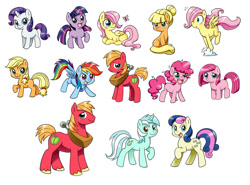 Size: 1024x757 | Tagged: safe, artist:chibi-jen-hen, derpibooru import, applejack, big macintosh, bon bon, fluttershy, lyra heartstrings, pinkie pie, rainbow dash, rarity, sweetie drops, twilight sparkle, butterfly, earth pony, pegasus, pony, unicorn, the cutie mark chronicles, blank flank, colt, colt big macintosh, filly, filly applejack, filly fluttershy, filly pinkie pie, filly rainbow dash, filly rarity, filly twilight sparkle, foal, male, simple background, stallion, white background