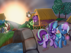 Size: 1024x770 | Tagged: safe, artist:veesocks, derpibooru import, starlight glimmer, trixie, oc, oc:elyon, oc:spider solitare, oc:zipperfloat, pony, unicorn, female, food, friends, ice cream, mare, outdoors, painting, sunset, wagon