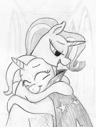 Size: 521x688 | Tagged: safe, artist:t72b, derpibooru exclusive, derpibooru import, starlight glimmer, trixie, pony, unicorn, female, happy, hug, mare, missing accessory, monochrome, traditional art