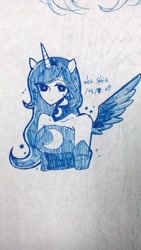 Size: 540x960 | Tagged: safe, artist:zhu skin, princess luna, human, eared humanization, horned humanization, humanized, monochrome, pixiv, solo, traditional art, winged humanization