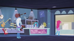 Size: 1100x618 | Tagged: safe, derpibooru import, screencap, dj pon-3, pinkie pie, trixie, vinyl scratch, equestria girls, guitar centered, rainbow rocks, boots, bracelet, cash register, clothes, electric guitar, glasses, guitar, headphones, high heel boots, jacket, jewelry, raised leg, skirt