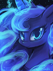 Size: 1440x1920 | Tagged: safe, artist:lumineko, princess luna, alicorn, pony, female, looking at you, mare, pixiv, portrait, smiling, solo, three quarter view