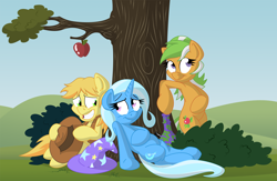 Size: 1920x1254 | Tagged: safe, artist:dfectivedvice, artist:xhazxmatx, derpibooru import, apple leaves, braeburn, trixie, apple, apple family member, bong, colored, tree, trixburn