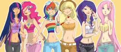 Size: 1344x582 | Tagged: safe, artist:zoe-productions, derpibooru import, applejack, fluttershy, pinkie pie, rainbow dash, rarity, twilight sparkle, bandeau, belly button, bellyring, clothes, humanized, jeans, mane six, midriff, skinny, subjectively immodest