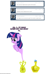 Size: 1050x1400 | Tagged: safe, artist:navitaserussirus, derpibooru import, trixie, twilight sparkle, ask, asktwixiegenies, genie