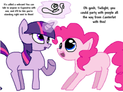 Size: 800x600 | Tagged: safe, artist:the weaver, derpibooru import, pinkie pie, twilight sparkle, earth pony, pony, blank flank, dialogue, magic, simple background, webcam, white background