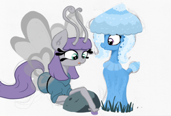 Size: 2308x1558 | Tagged: safe, artist:paskanaakka, derpibooru exclusive, derpibooru import, maud pie, trixie, breezie, original species, breeziefied, colored hooves, female, lesbian, mauxie, mauzie, mushroom, mushroom pony, rock, shipping, shroomsie, simple background, species swap