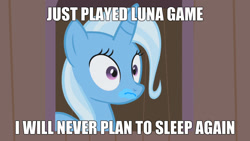 Size: 1280x720 | Tagged: safe, derpibooru import, edit, edited screencap, screencap, trixie, pony, image macro, luna game, meme, trixie yells at everything