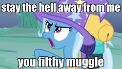 Size: 1280x720 | Tagged: safe, derpibooru import, edit, edited screencap, screencap, trixie, pony, to where and back again, angry, cute, harry potter, image macro, meme, pointing, solo, trixie yells at everything