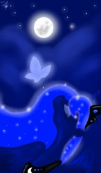 Size: 750x1280 | Tagged: safe, artist:vanezaescobedo, princess luna, alicorn, butterfly, pony, eyes closed, looking up, moon, night, solo