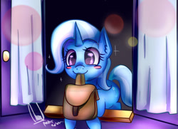 Size: 1024x740 | Tagged: safe, artist:paintcoloryt, derpibooru import, trixie, pony, unicorn, to saddlebags and back again, to where and back again, blushing, female, mare, mouth hold, solo, watermark