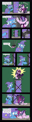 Size: 2516x9500 | Tagged: safe, artist:bobthedalek, derpibooru import, starlight glimmer, trixie, pony, unicorn, absurd resolution, accident, assistant, assistant's outfit, circling stars, clothes, comic, dialogue, dizzy, fail, female, fishnet stockings, grammar error, knock out, magic, magic show, magic trick, mare, misspelling, pain, swirly eyes, sword, this ended in pain, weapon