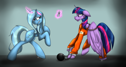 Size: 3584x1928 | Tagged: safe, artist:xfireflamex, derpibooru import, trixie, twilight sparkle, twilight sparkle (alicorn), alicorn, pony, unicorn, chains, clothes, female, glowing horn, key, magic, mare, prison outfit, prisoner, prisoner ts, telekinesis