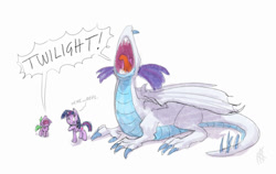 Size: 1200x760 | Tagged: safe, artist:carnifex, derpibooru import, rarity, spike, twilight sparkle, dragon, dragonified, giggling, magic, open mouth, ponified, ponified spike, raridragon, species swap, spell, spell gone wrong, thagomizer, yelling