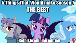 Size: 640x367 | Tagged: safe, derpibooru import, maud pie, trixie, twilight sparkle, twilight sparkle (alicorn), oc, alicorn, bat pony, bat pony alicorn, pony, season 7, bat ponified, cloud, equestria daily, female, image macro, lidded eyes, looking at you, mare, maudbat, meme, opinion, race swap, sethisto, spread wings, trixiebat, twibat, wings