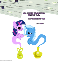 Size: 1050x1100 | Tagged: safe, artist:navitaserussirus, derpibooru import, trixie, twilight sparkle, applesauce, ask, asktwixiegenies, deviantart, female, lesbian, shipping, twixie