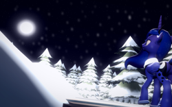 Size: 1680x1050 | Tagged: safe, artist:valkyrie1312, princess luna, alicorn, pony, 3d, clothes, full moon, gmod, night, scarf, snow, snowfall, solo, tree, winter