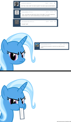 Size: 1050x1800 | Tagged: safe, artist:navitaserussirus, derpibooru import, trixie, pony, unicorn, ask, asktwixiegenies, comic, female, frown, genie, looking at you, mare, nom, solo