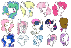 Size: 1700x1150 | Tagged: safe, artist:twittershy, derpibooru import, bon bon, cheerilee, derpy hooves, pinkie pie, princess celestia, princess luna, roseluck, sweetie belle, sweetie drops, trixie, twilight sparkle, oc, alicorn, earth pony, pony, alternate hairstyle, bust, eyes closed, female, mare, open mouth, paper bag, portrait, simple background, smiling, transparent background, unamused