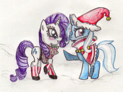 Size: 1641x1229 | Tagged: safe, artist:kage-kunoichi, derpibooru import, rarity, trixie, pony, unicorn, blushing, clothes, female, hat, lesbian, rarixie, santa hat, shipping, socks, striped socks, traditional art