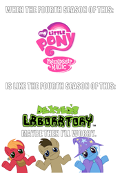 Size: 745x1053 | Tagged: safe, derpibooru import, big macintosh, doctor whooves, trixie, earth pony, pony, season 4, alicorn drama, dexter's laboratory, male, meta, stallion